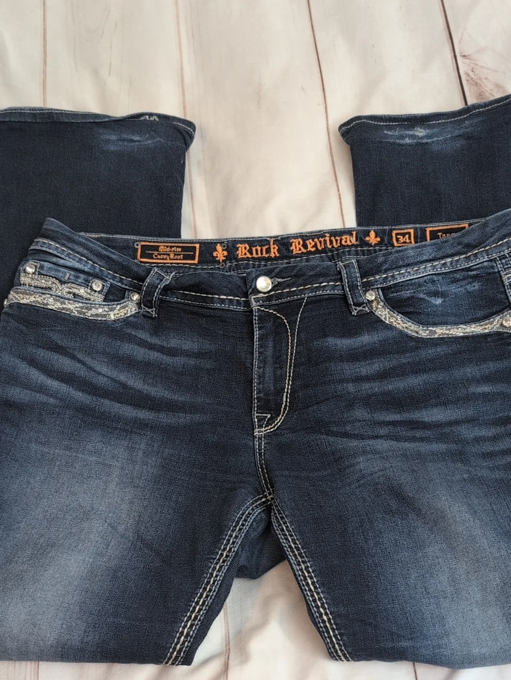 Rock Revival Tansy Jeans Women’s 34 Mid Rise Curvy Bootcut Dark Wash Bling